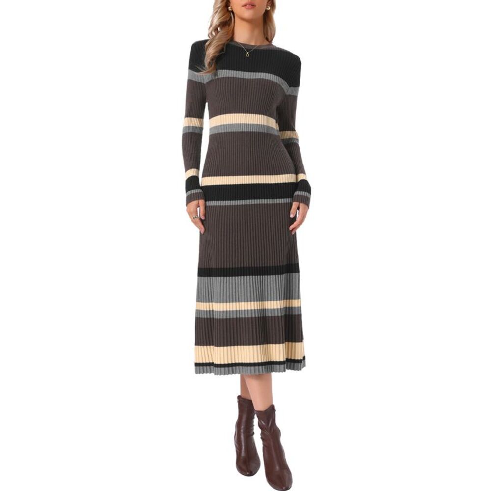 Women Detachable Turtleneck Maxi Dress Stripe Sweater Dress Coffee